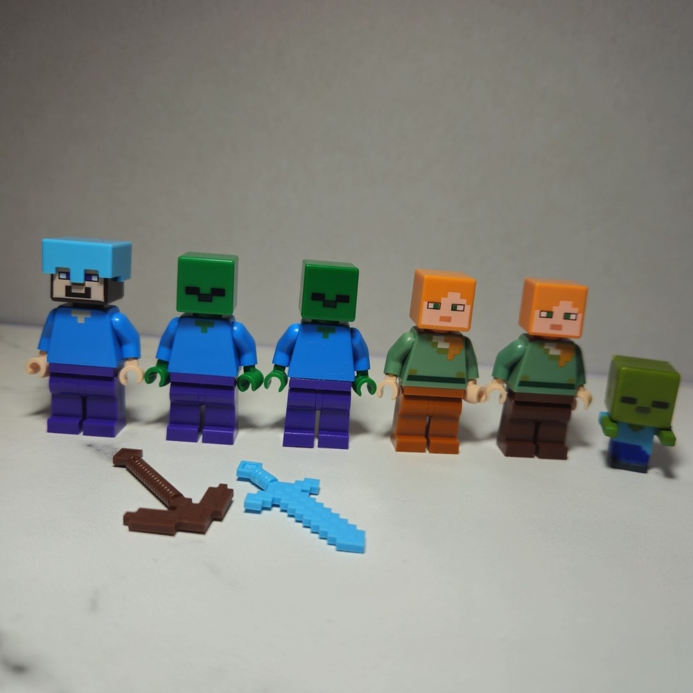 Lot 5 Lego Minecraft Minifigures Steve Alex Zombie Stone Series 2 Weapons